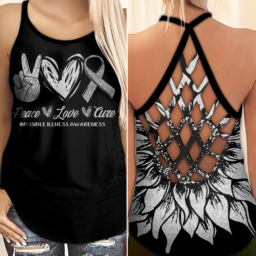 Invisible Illness Awareness Criss Cross Tank Top Summer:  Peace Love Cure