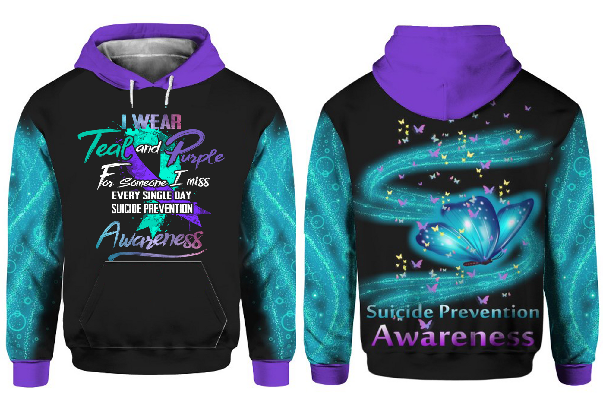 Suicide Prevention Awareness Hoodie Over Print : I Wear Teal Purple For Someone