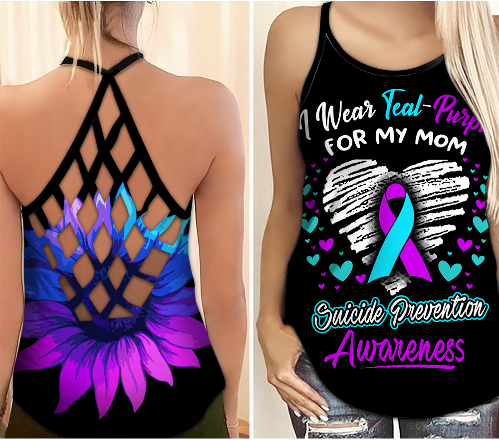 Suicide Awareness Criss Cross Tank Top Summer:  I Wear Teal Purple For My Mom