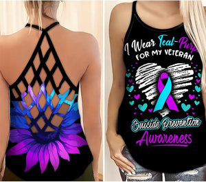 Suicide Awareness Criss Cross Tank Top Summer:  I Wear Teal Purple For My Veteran