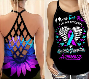 Suicide Awareness Criss Cross Tank Top Summer:  I Wear Teal Purple For My Students