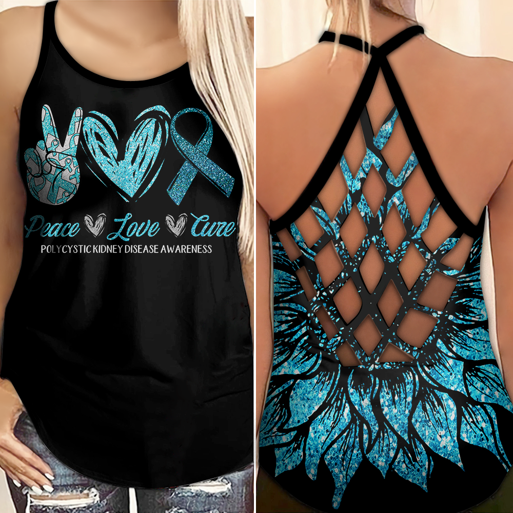 Polycystic Kidney Disease Awareness Criss Cross Tank Top Summer:  Peace Love Cure