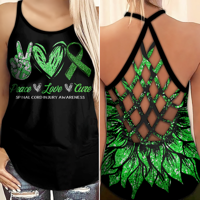 Spinal Cord Injury Awareness Criss Cross Tank Top Summer:  Peace Love Cure