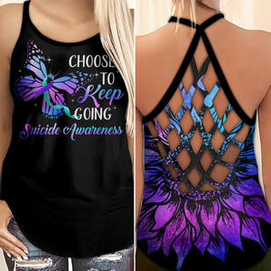 Suicide Awareness Criss Cross Tank Top Summer:  Choose to keep going butterfly