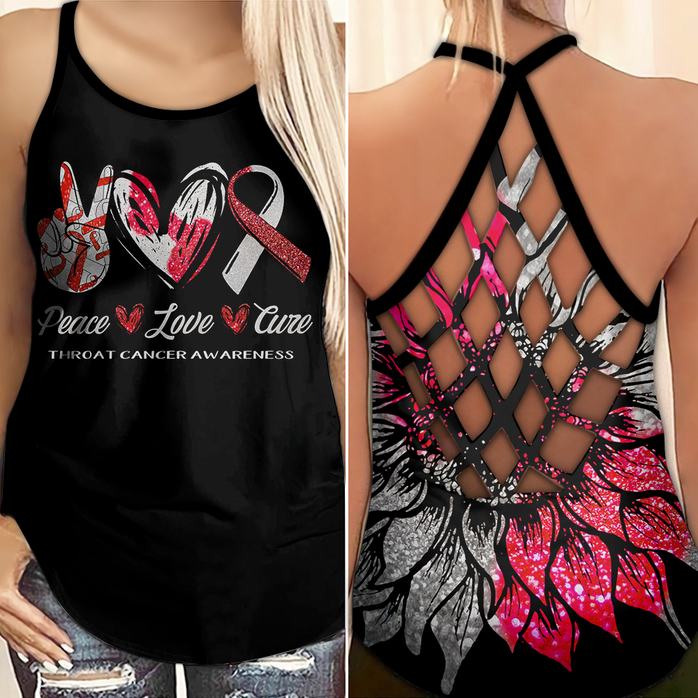 Throat Cancer Awareness Criss Cross Tank Top Summer:  Peace Love Cure