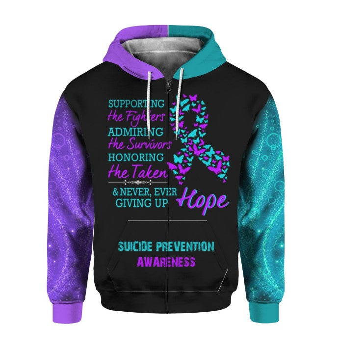 Suicide Prevention Awareness Hoodie Full Print :  Supporting The Fighters, Faith Hope Love